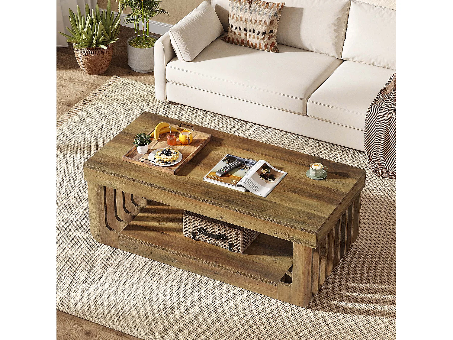 Tables basses de salon, largeur 120 cm, table centrale rectangulaire à 2 niveaux avec étagère de rangement