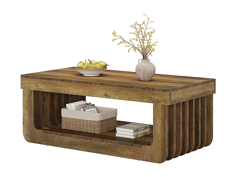 Tables basses de salon, largeur 120 cm, table centrale rectangulaire à 2 niveaux avec étagère de rangement