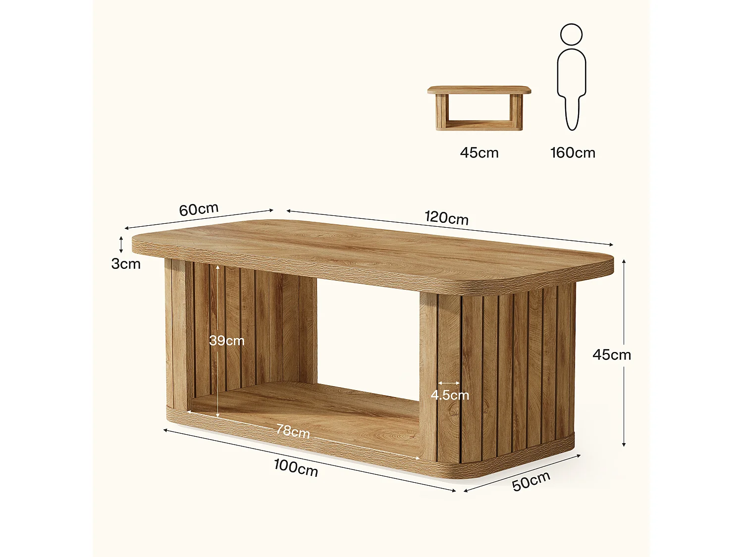 Rechthoekige salontafel, 120 cm, boerderijhouten salontafels voor de woonkamer, 2-laags cocktailtafel voor de woonkamer