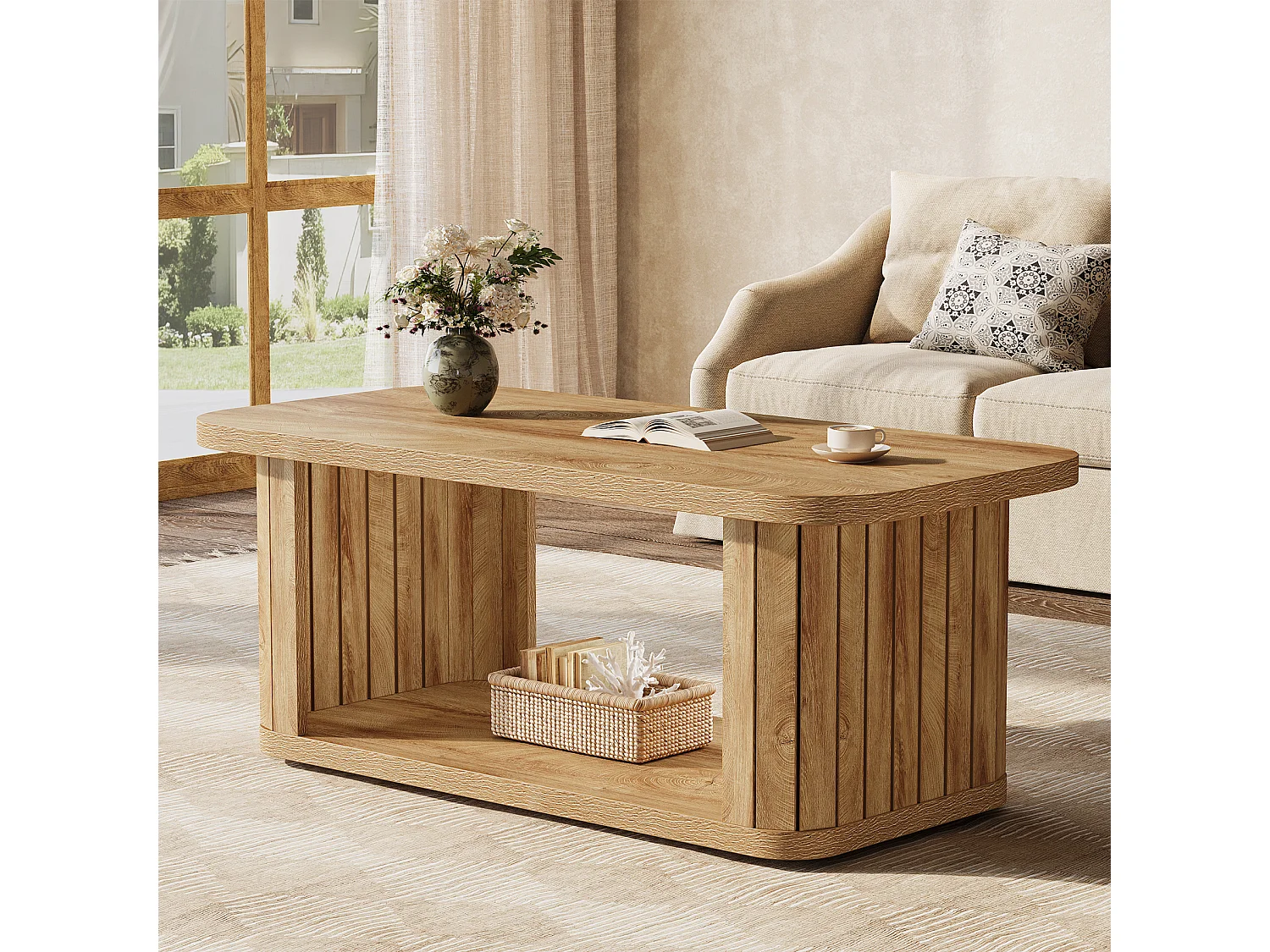 Rechthoekige salontafel, 120 cm, boerderijhouten salontafels voor de woonkamer, 2-laags cocktailtafel voor de woonkamer