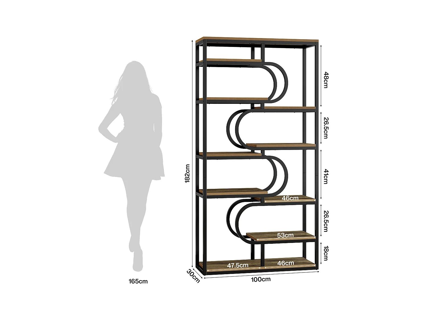 5-stufiger Industrie-Bücherregal, 181 cm hohes Bücherregal mit stabiler Metallrahmen, freistehende Ablageplatte