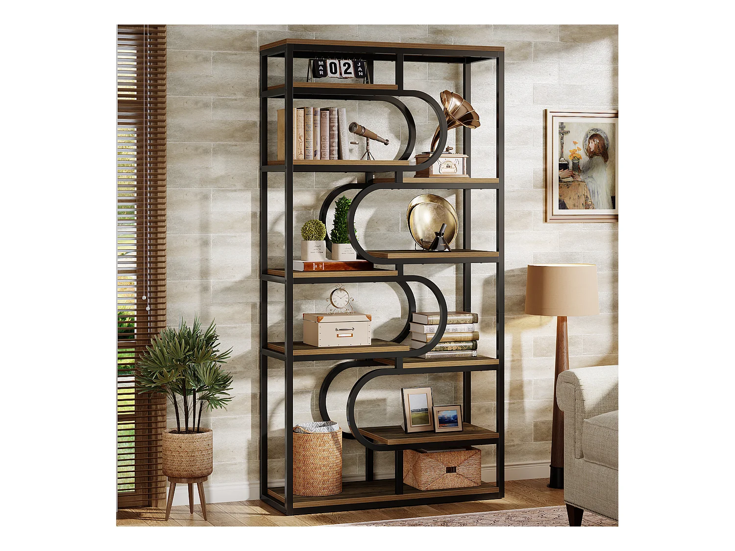 5-stufiger Industrie-Bücherregal, 181 cm hohes Bücherregal mit stabiler Metallrahmen, freistehende Ablageplatte