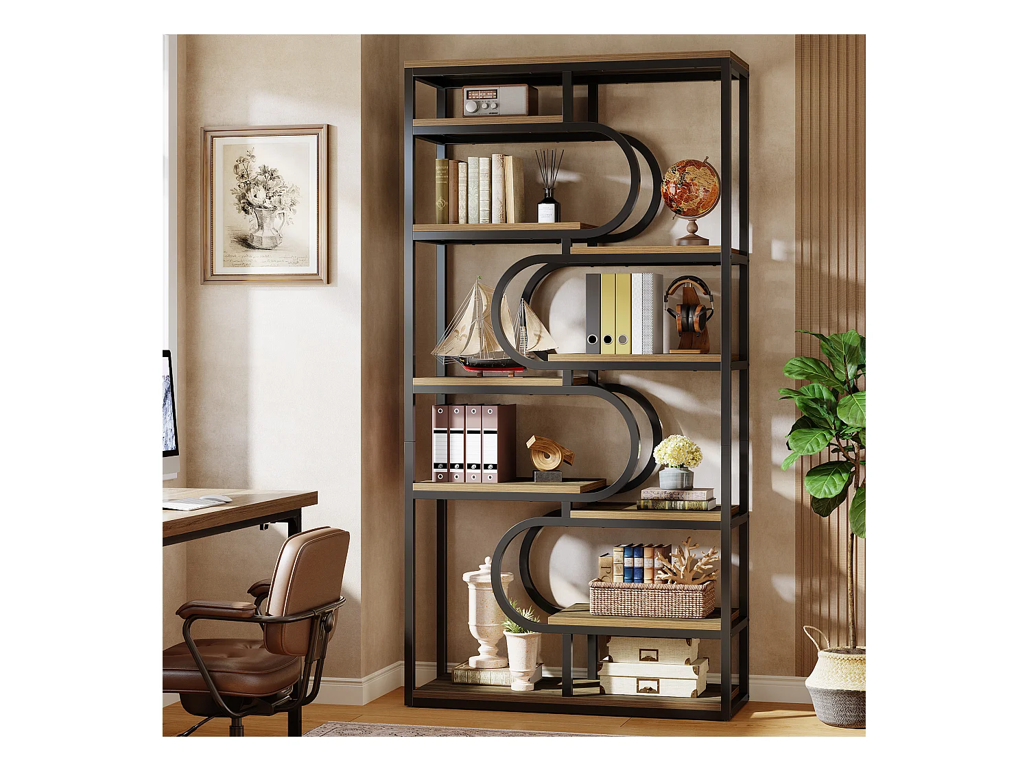 5-stufiger Industrie-Bücherregal, 181 cm hohes Bücherregal mit stabiler Metallrahmen, freistehende Ablageplatte