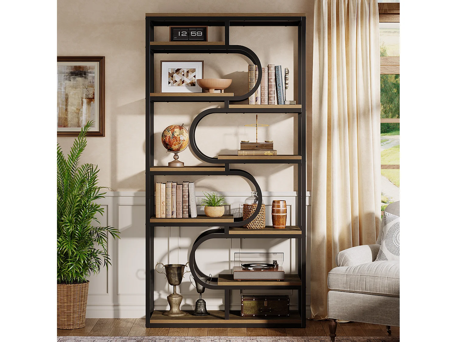 5-stufiger Industrie-Bücherregal, 181 cm hohes Bücherregal mit stabiler Metallrahmen, freistehende Ablageplatte