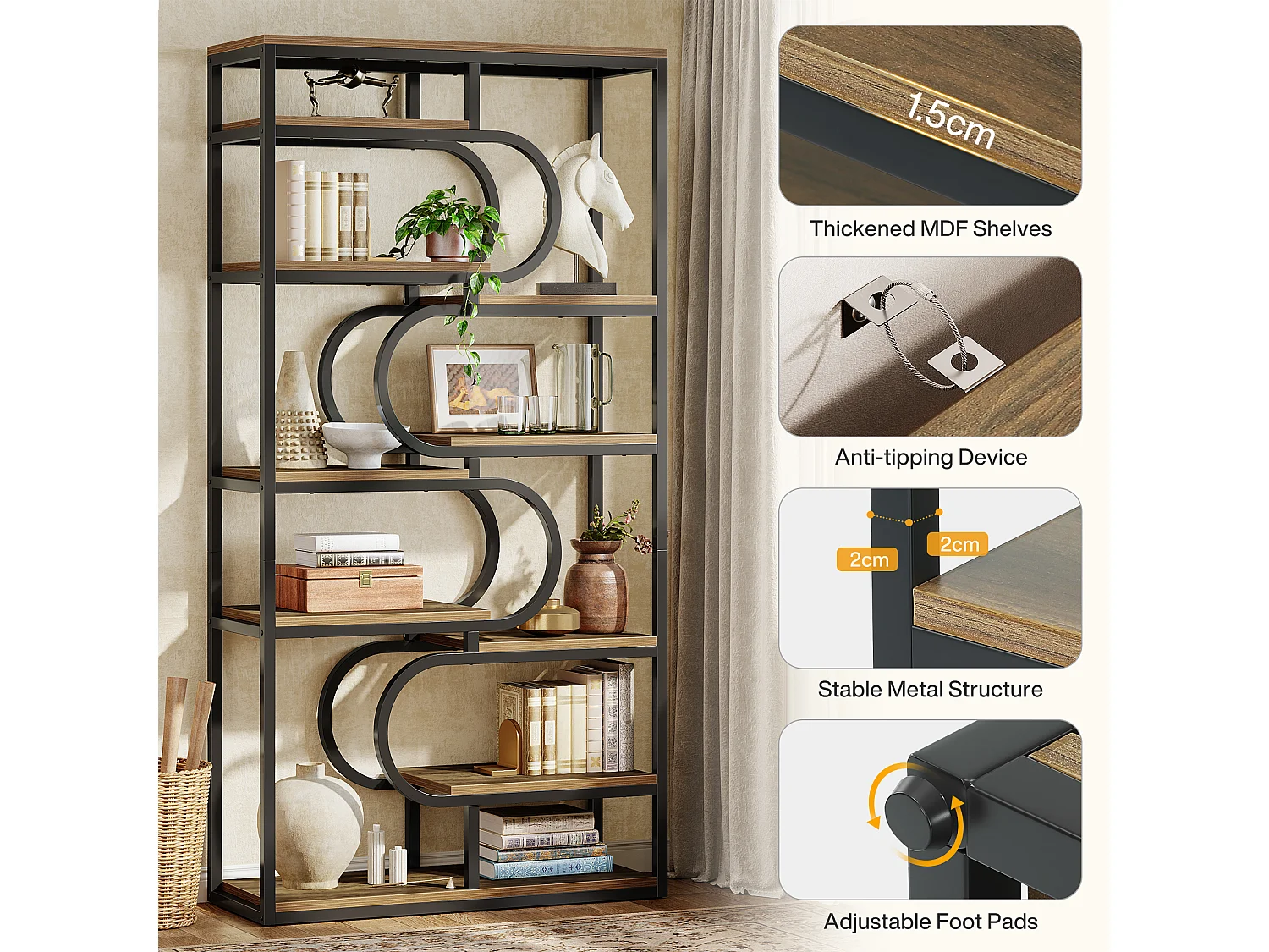 5-stufiger Industrie-Bücherregal, 181 cm hohes Bücherregal mit stabiler Metallrahmen, freistehende Ablageplatte