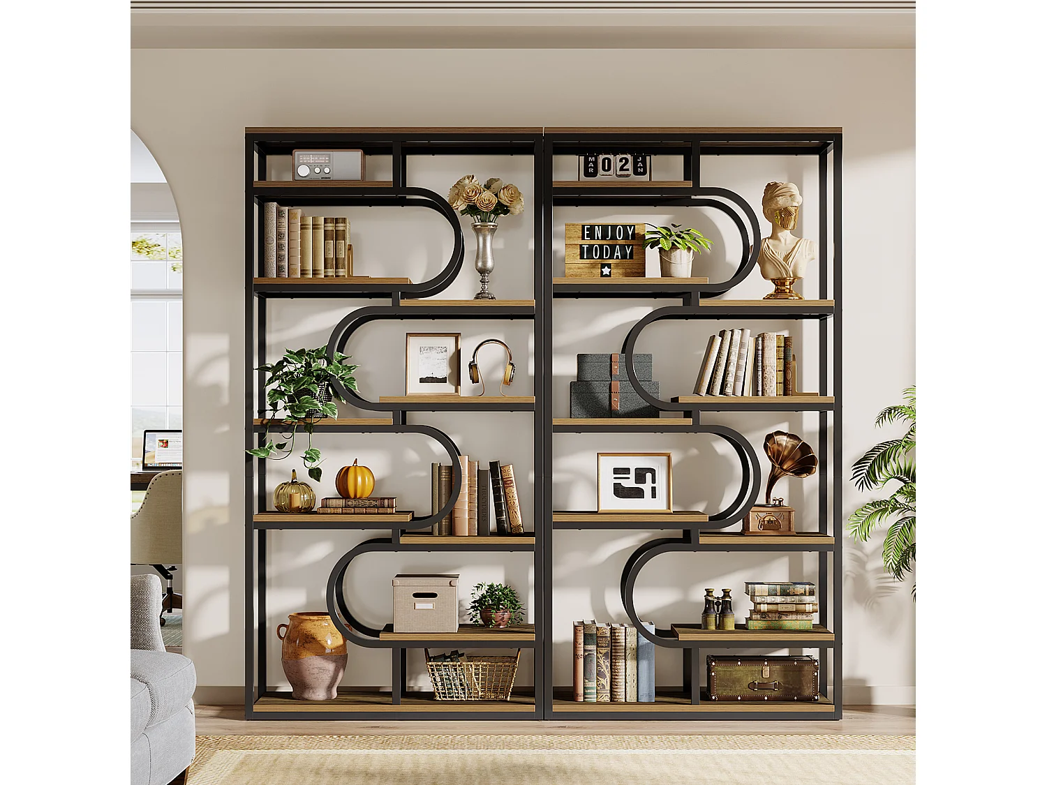 5-stufiger Industrie-Bücherregal, 181 cm hohes Bücherregal mit stabiler Metallrahmen, freistehende Ablageplatte