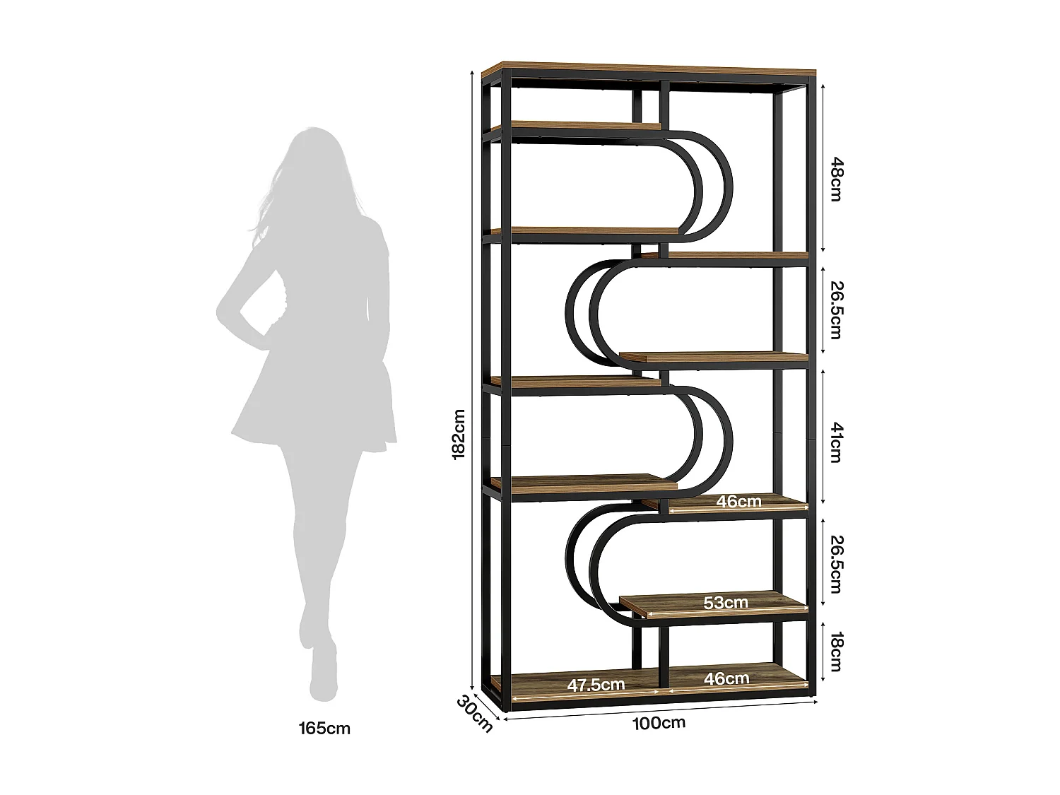 Bibliothèque industrielle à 5 niveaux, étagère autoportante de 181 cm de haut avec structure métallique robuste.