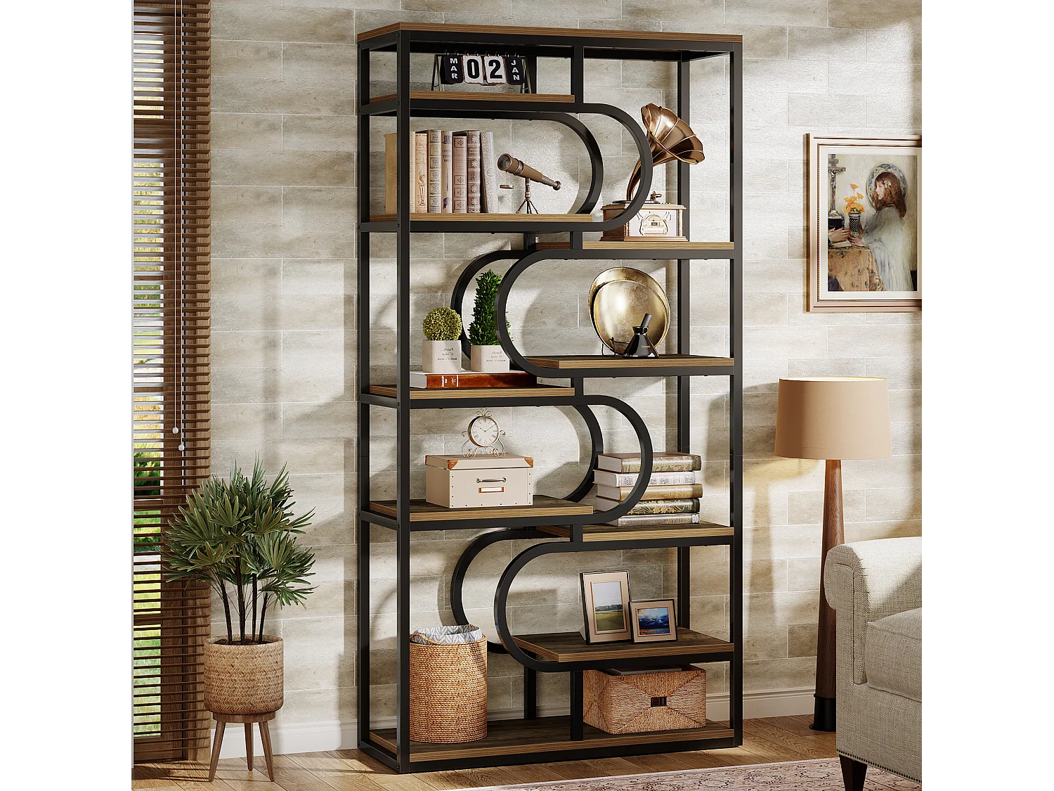 Bibliothèque industrielle à 5 niveaux, étagère autoportante de 181 cm de haut avec structure métallique robuste.