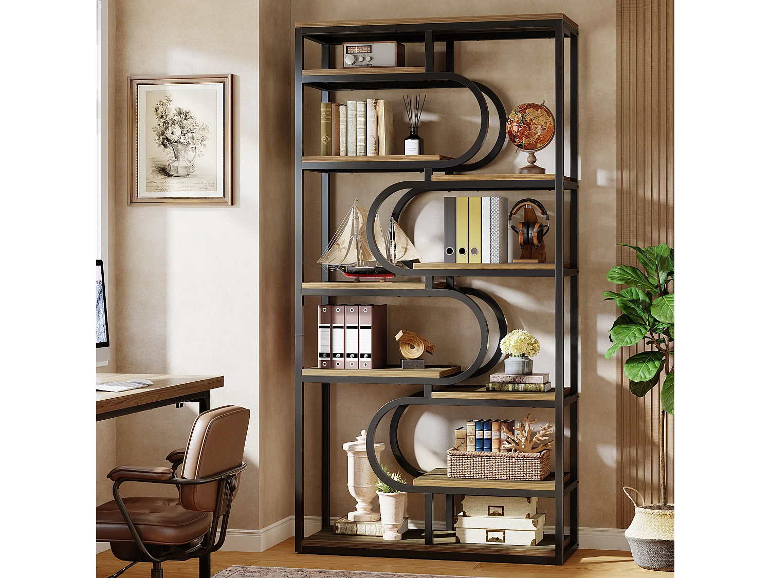 Bibliothèque industrielle à 5 niveaux, étagère autoportante de 181 cm de haut avec structure métallique robuste.