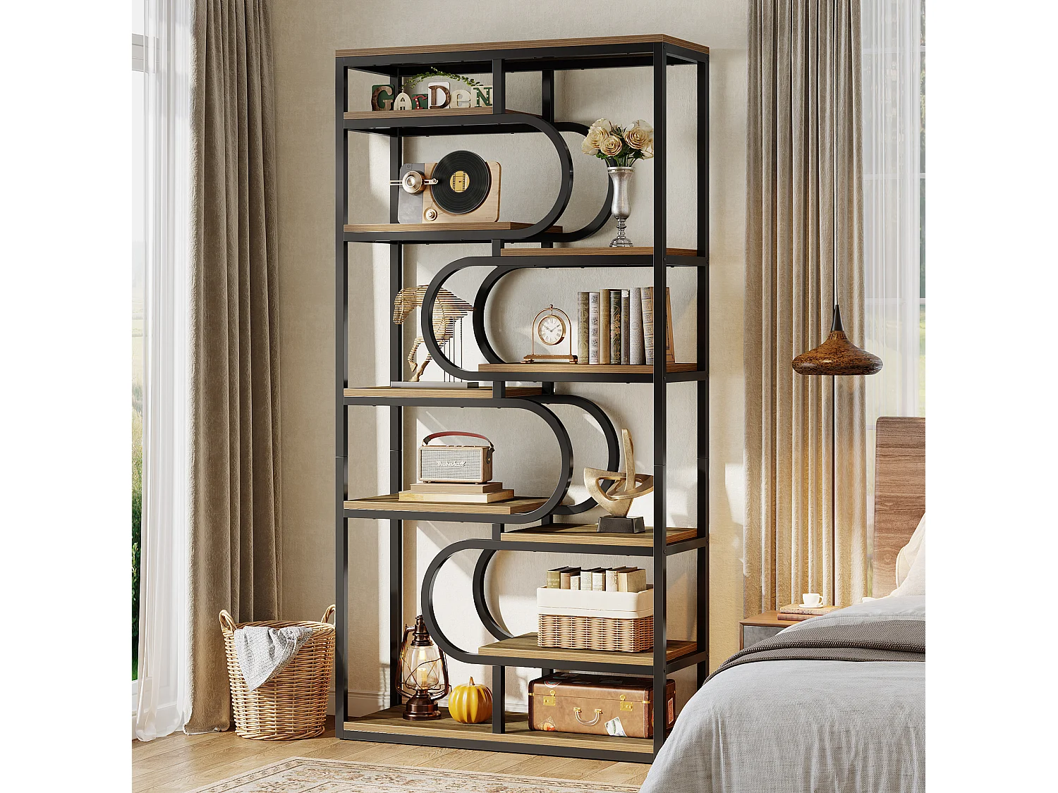 Bibliothèque industrielle à 5 niveaux, étagère autoportante de 181 cm de haut avec structure métallique robuste.