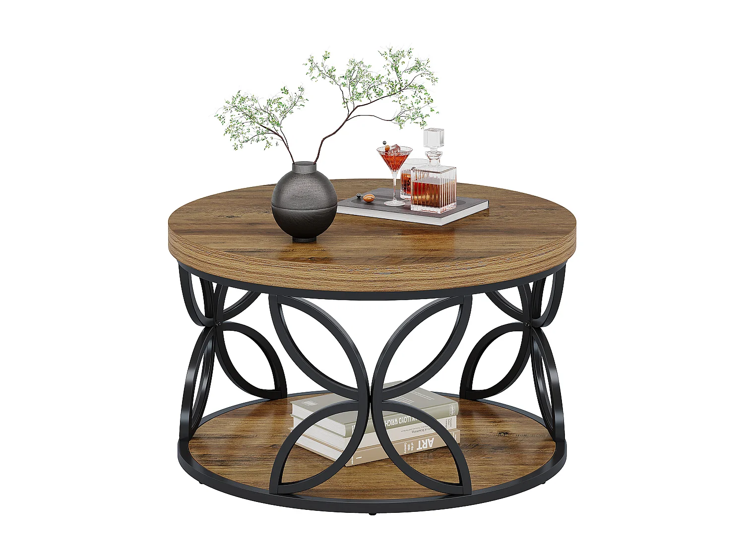 Mesa de Centro Redonda com Armazenamento, Mesa de Centro Circular de 2 Andares para Sala de Estar, Marrom Rústico, 80cm