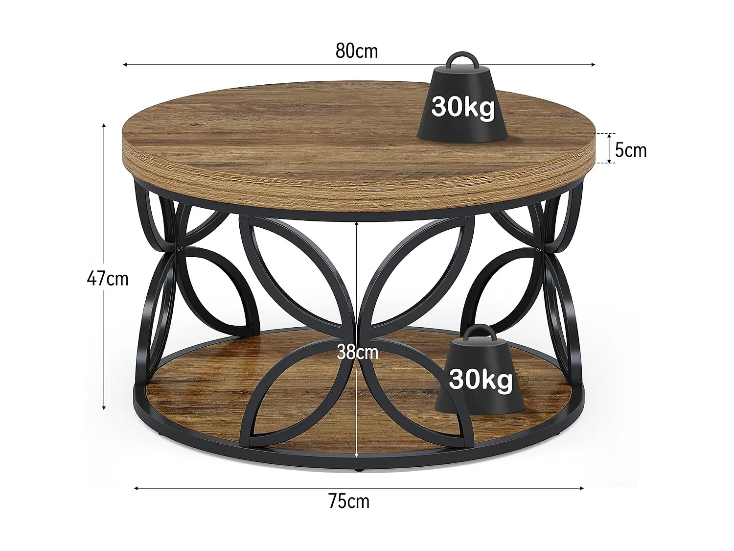 Mesa de Centro Redonda com Armazenamento, Mesa de Centro Circular de 2 Andares para Sala de Estar, Marrom Rústico, 80cm