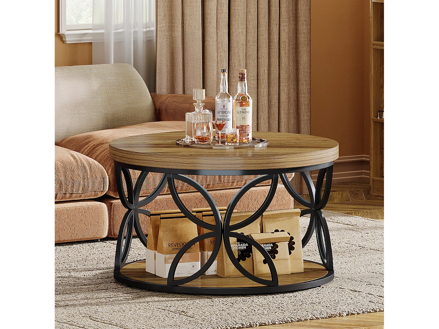 Mesa de Centro Redonda com Armazenamento, Mesa de Centro Circular de 2 Andares para Sala de Estar, Marrom Rústico, 80cm