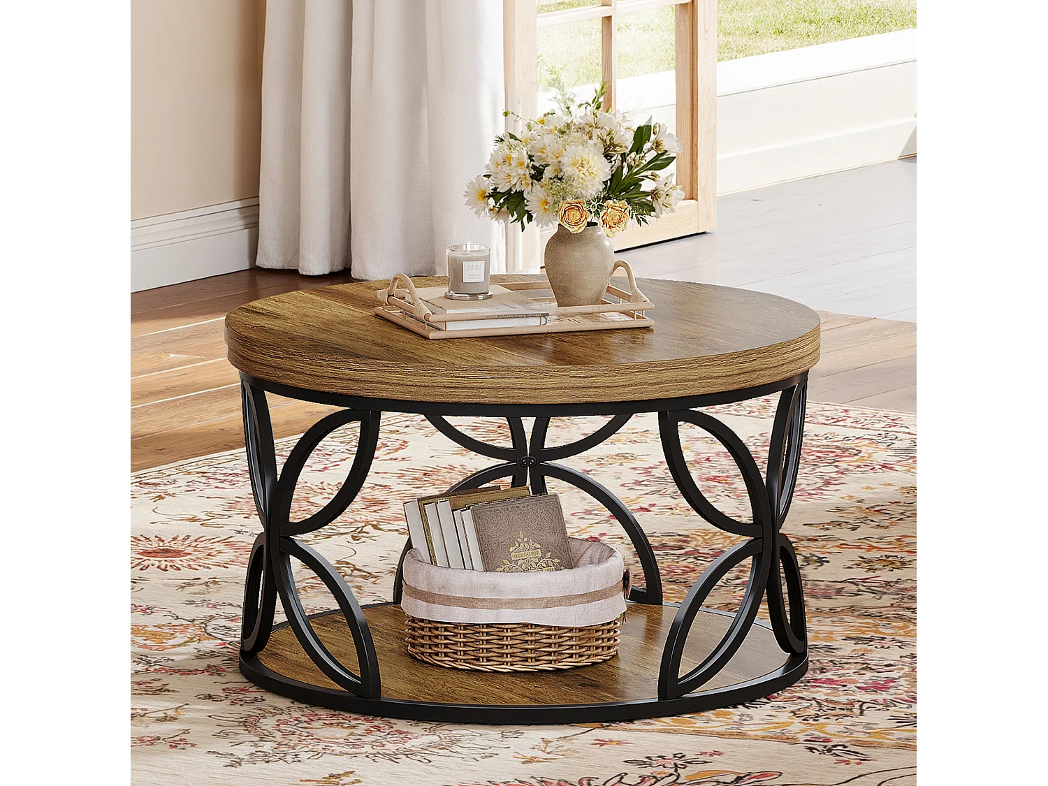 Mesa de Centro Redonda com Armazenamento, Mesa de Centro Circular de 2 Andares para Sala de Estar, Marrom Rústico, 80cm