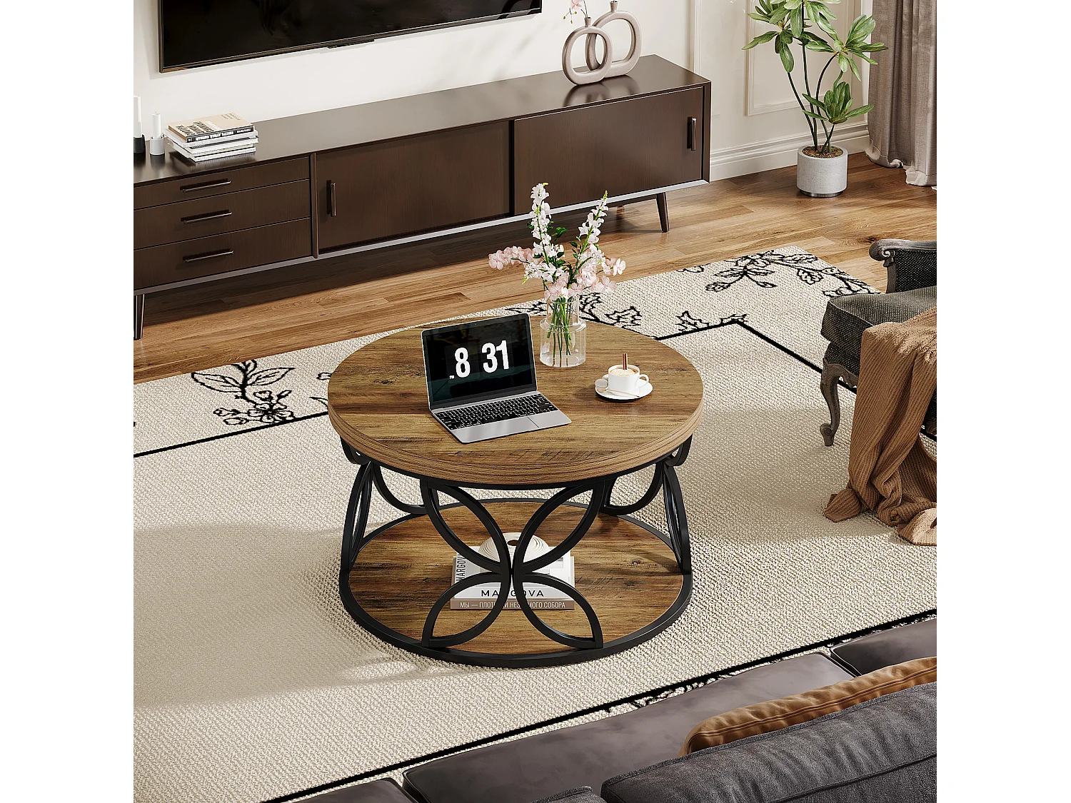 Mesa de Centro Redonda com Armazenamento, Mesa de Centro Circular de 2 Andares para Sala de Estar, Marrom Rústico, 80cm