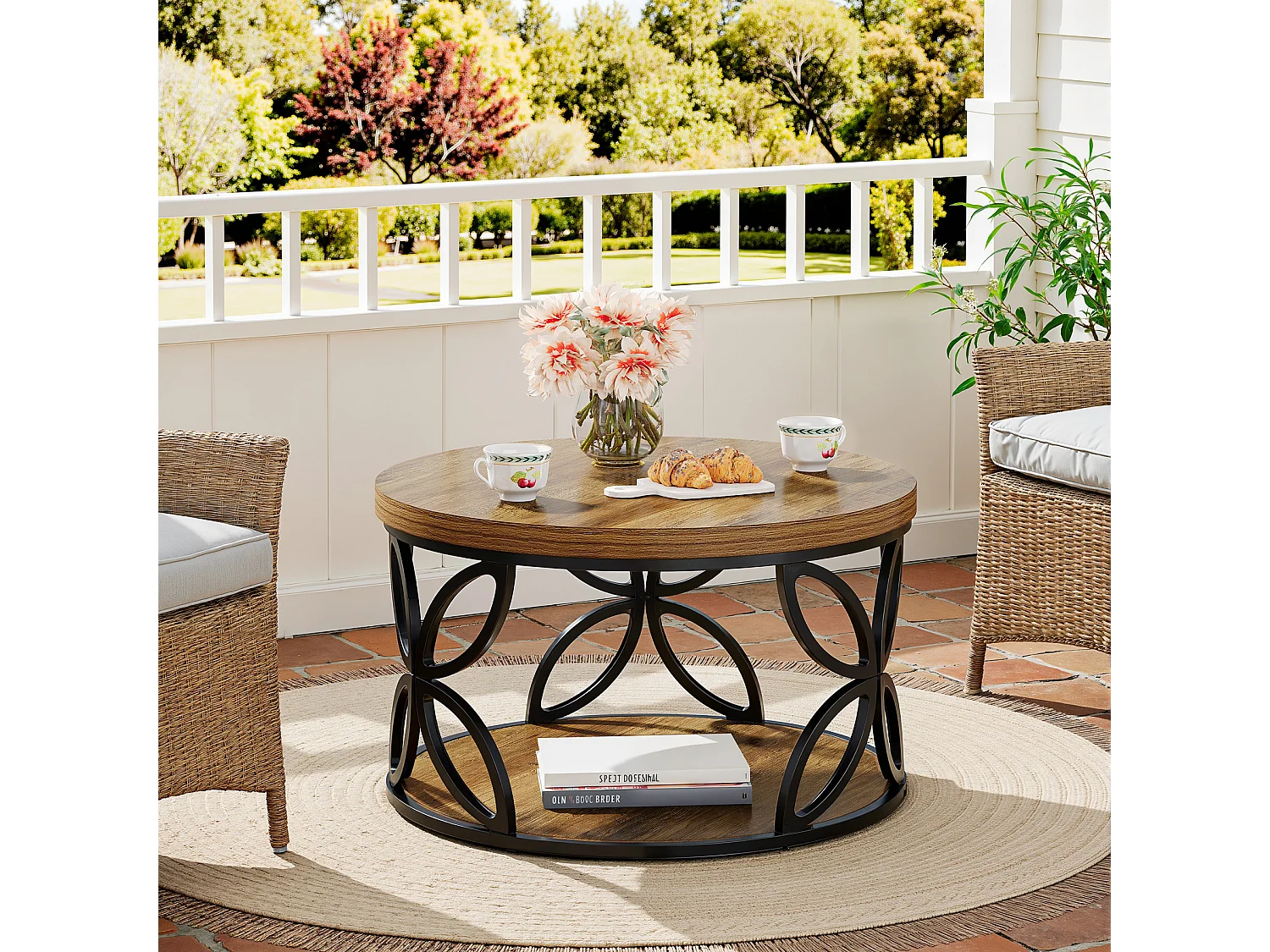 Mesa de Centro Redonda com Armazenamento, Mesa de Centro Circular de 2 Andares para Sala de Estar, Marrom Rústico, 80cm