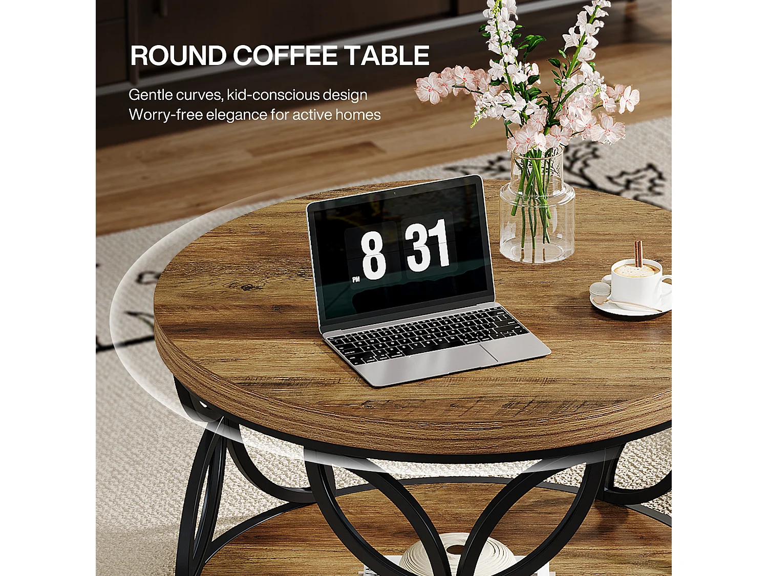 Mesa de Centro Redonda com Armazenamento, Mesa de Centro Circular de 2 Andares para Sala de Estar, Marrom Rústico, 80cm