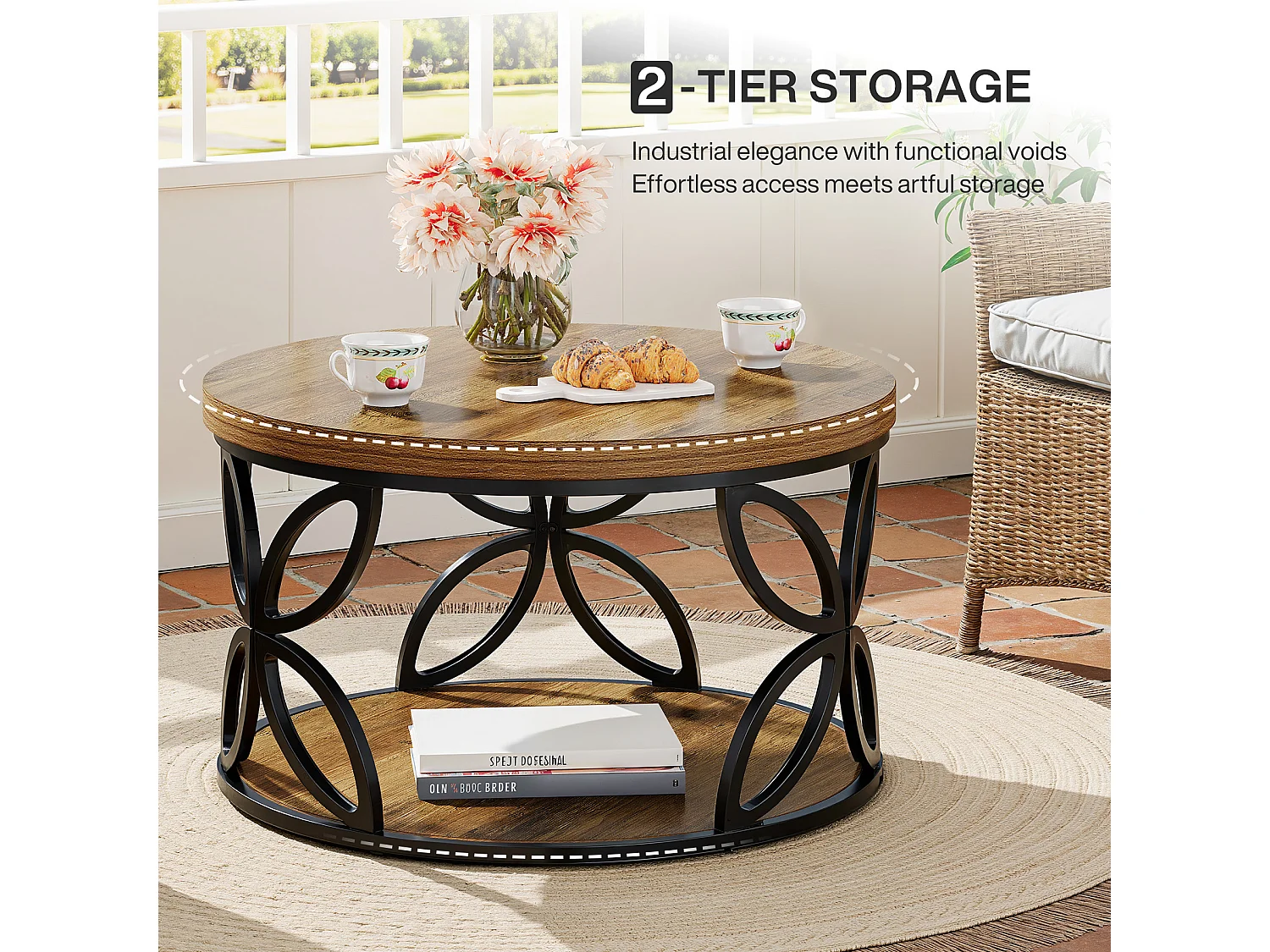 Mesa de Centro Redonda com Armazenamento, Mesa de Centro Circular de 2 Andares para Sala de Estar, Marrom Rústico, 80cm