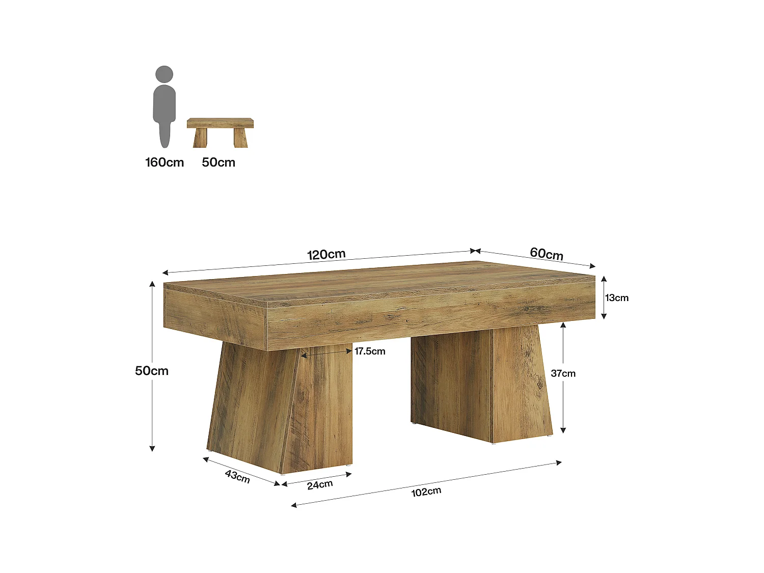 Landhaus-Kaffeetisch, 120 cm langes rechteckiges Akzent-Zentertable mit dickem Sockel, modernes niedriges Cocktail-Tee-Möbelstück