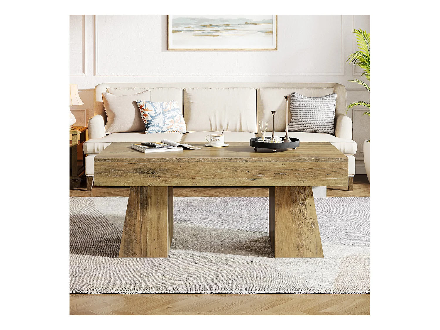 Landhaus-Kaffeetisch, 120 cm langes rechteckiges Akzent-Zentertable mit dickem Sockel, modernes niedriges Cocktail-Tee-Möbelstück