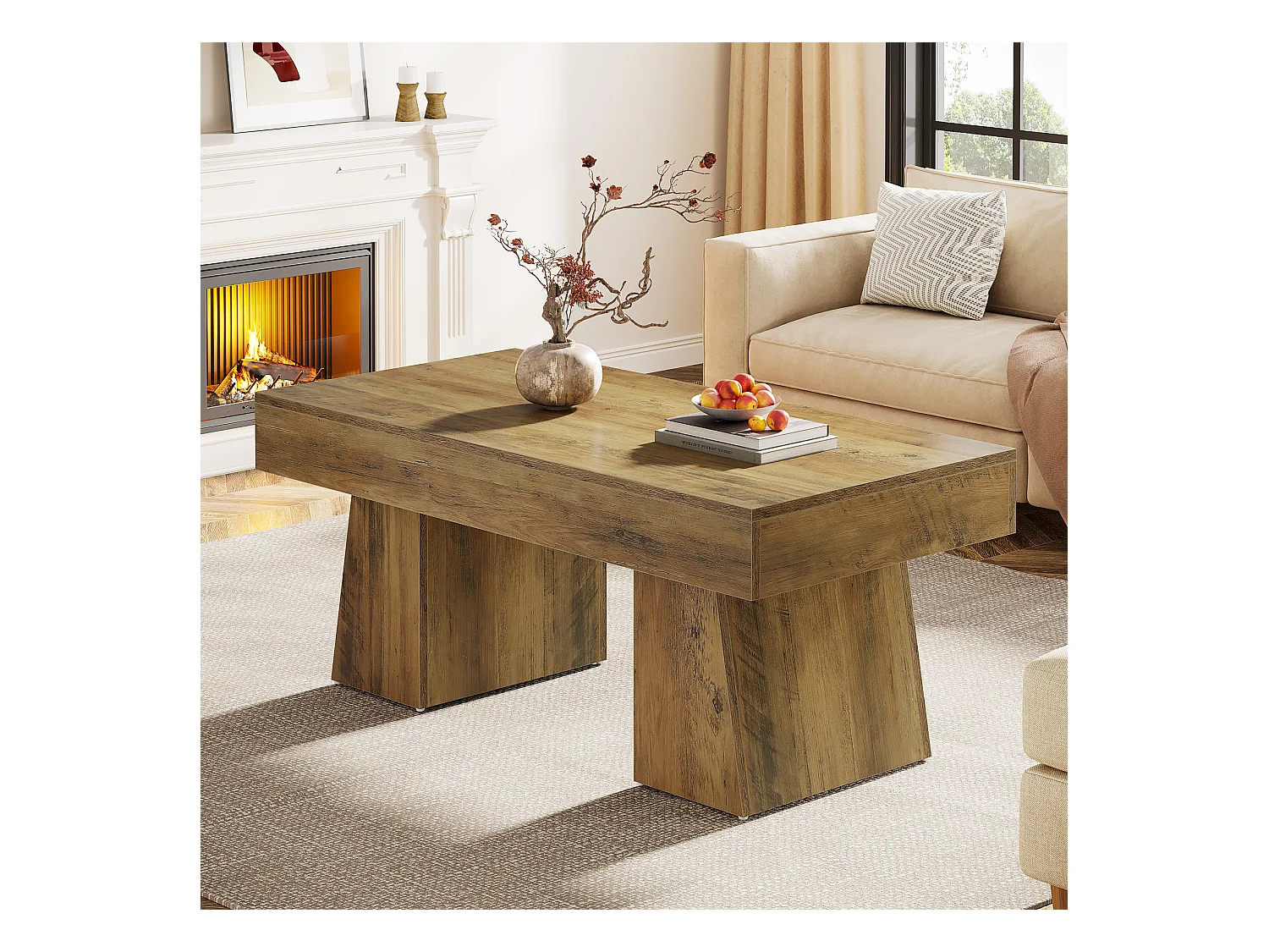 Landhaus-Kaffeetisch, 120 cm langes rechteckiges Akzent-Zentertable mit dickem Sockel, modernes niedriges Cocktail-Tee-Möbelstück