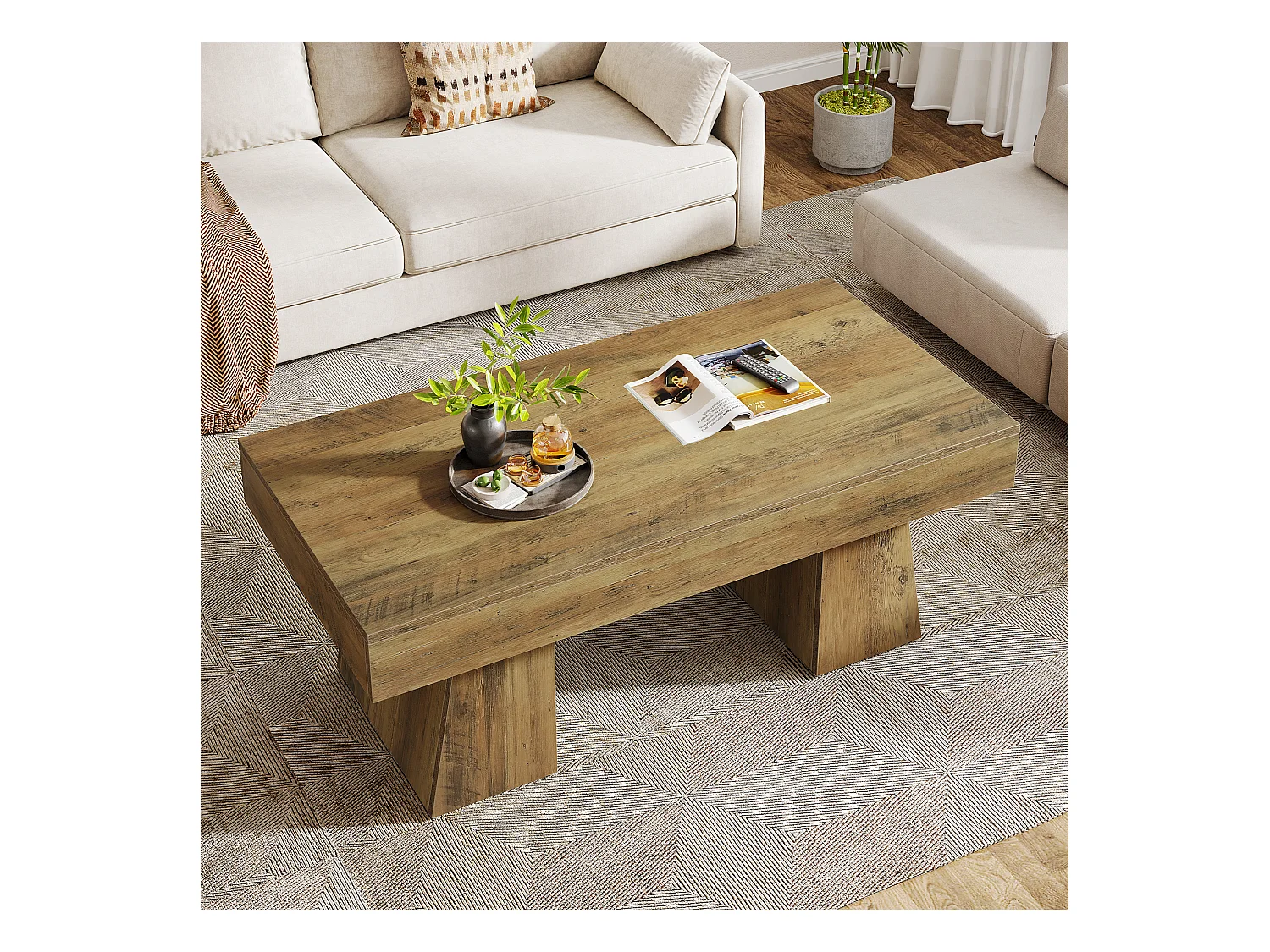 Landhaus-Kaffeetisch, 120 cm langes rechteckiges Akzent-Zentertable mit dickem Sockel, modernes niedriges Cocktail-Tee-Möbelstück