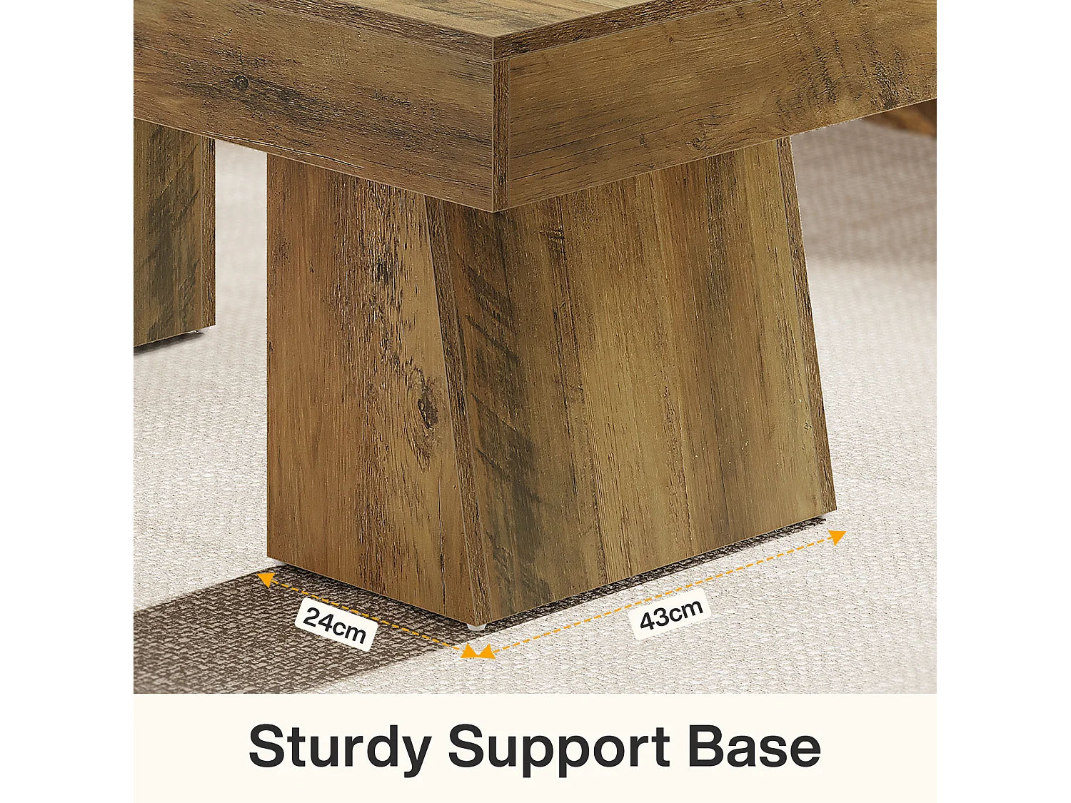 Landhaus-Kaffeetisch, 120 cm langes rechteckiges Akzent-Zentertable mit dickem Sockel, modernes niedriges Cocktail-Tee-Möbelstück