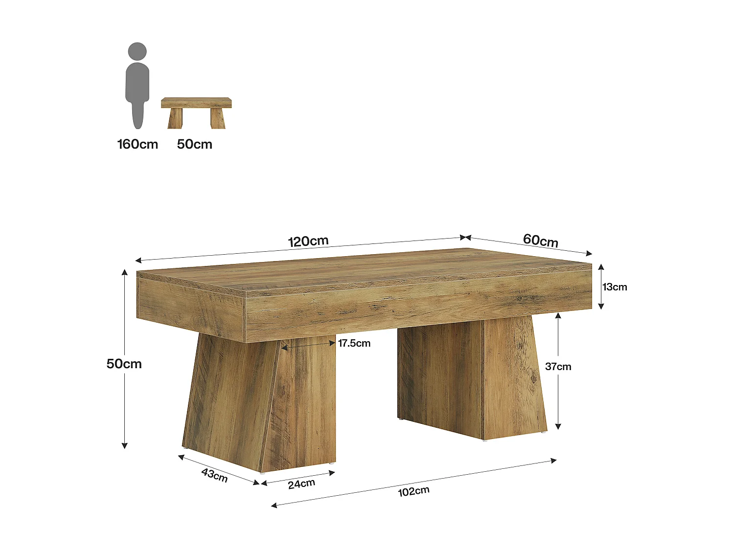 Stolik kawowy w stylu wiejskim, prostokątny stolik akcentowy o szerokości 120 cm z grubą podstawą, nowoczesny niski mebel do koktajli i herbaty