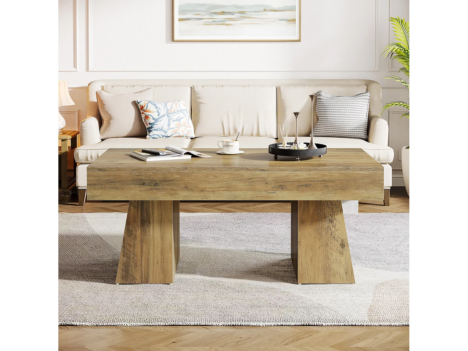 Stolik kawowy w stylu wiejskim, prostokątny stolik akcentowy o szerokości 120 cm z grubą podstawą, nowoczesny niski mebel do koktajli i herbaty