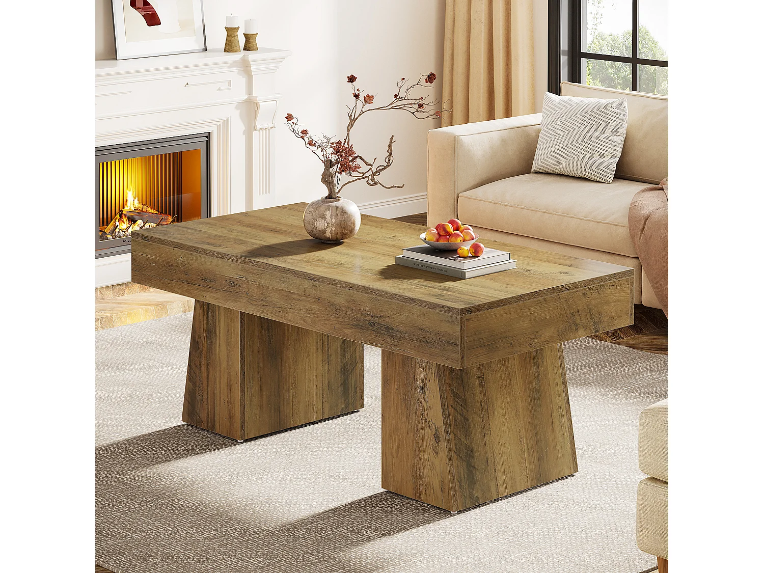 Stolik kawowy w stylu wiejskim, prostokątny stolik akcentowy o szerokości 120 cm z grubą podstawą, nowoczesny niski mebel do koktajli i herbaty