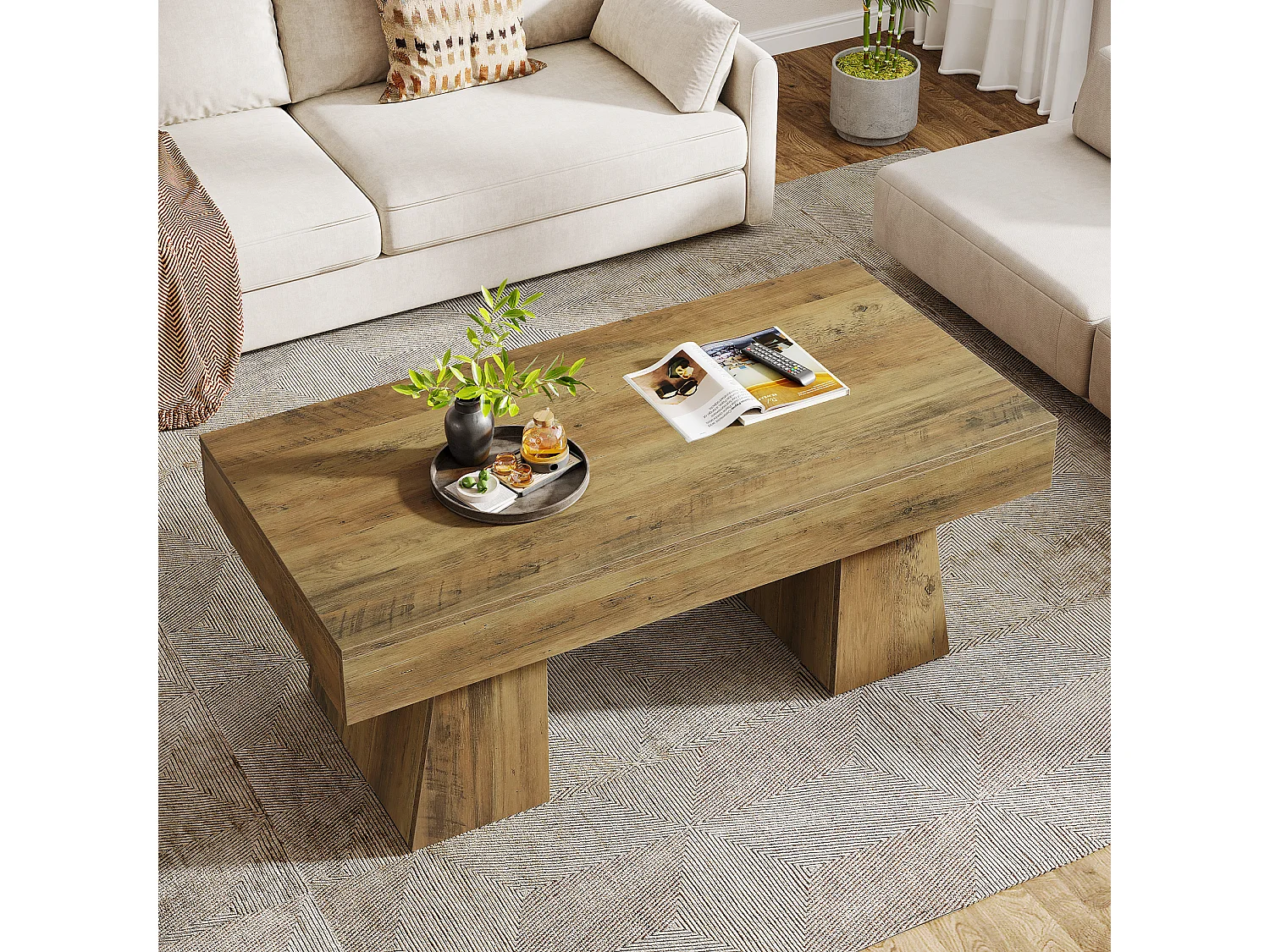 Stolik kawowy w stylu wiejskim, prostokątny stolik akcentowy o szerokości 120 cm z grubą podstawą, nowoczesny niski mebel do koktajli i herbaty