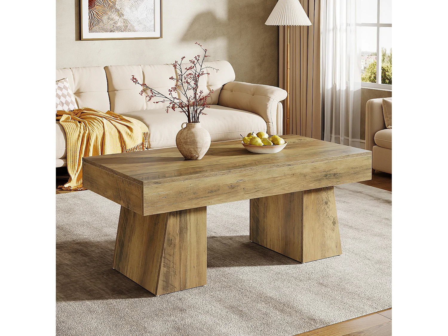 Stolik kawowy w stylu wiejskim, prostokątny stolik akcentowy o szerokości 120 cm z grubą podstawą, nowoczesny niski mebel do koktajli i herbaty