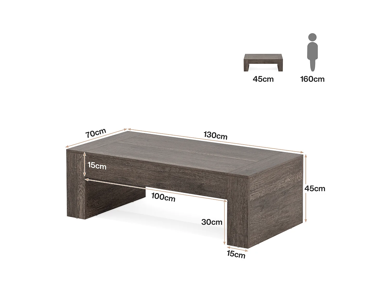 Wohnzimmer rechteckiger Couchtisch, 130 cm Landhaus-Akzent-Zentercocktail-Tee-Tisch mit stabiler Basis, rustikales Taupe