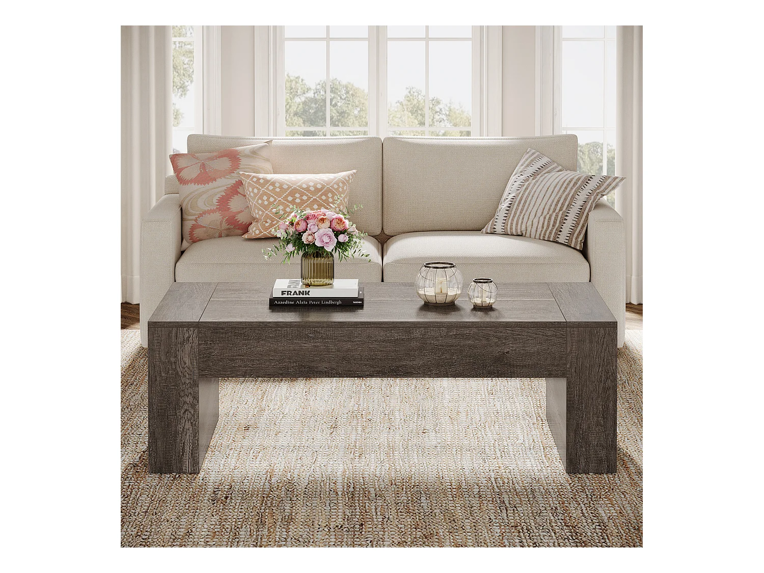 Wohnzimmer rechteckiger Couchtisch, 130 cm Landhaus-Akzent-Zentercocktail-Tee-Tisch mit stabiler Basis, rustikales Taupe