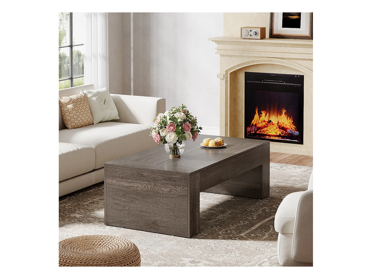 Wohnzimmer rechteckiger Couchtisch, 130 cm Landhaus-Akzent-Zentercocktail-Tee-Tisch mit stabiler Basis, rustikales Taupe