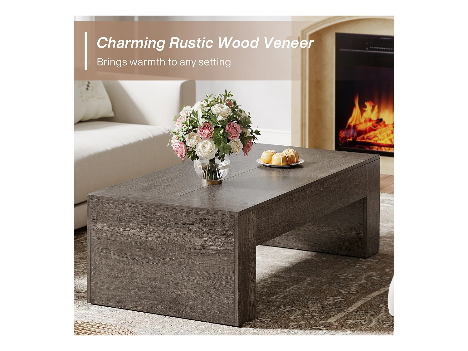 Wohnzimmer rechteckiger Couchtisch, 130 cm Landhaus-Akzent-Zentercocktail-Tee-Tisch mit stabiler Basis, rustikales Taupe