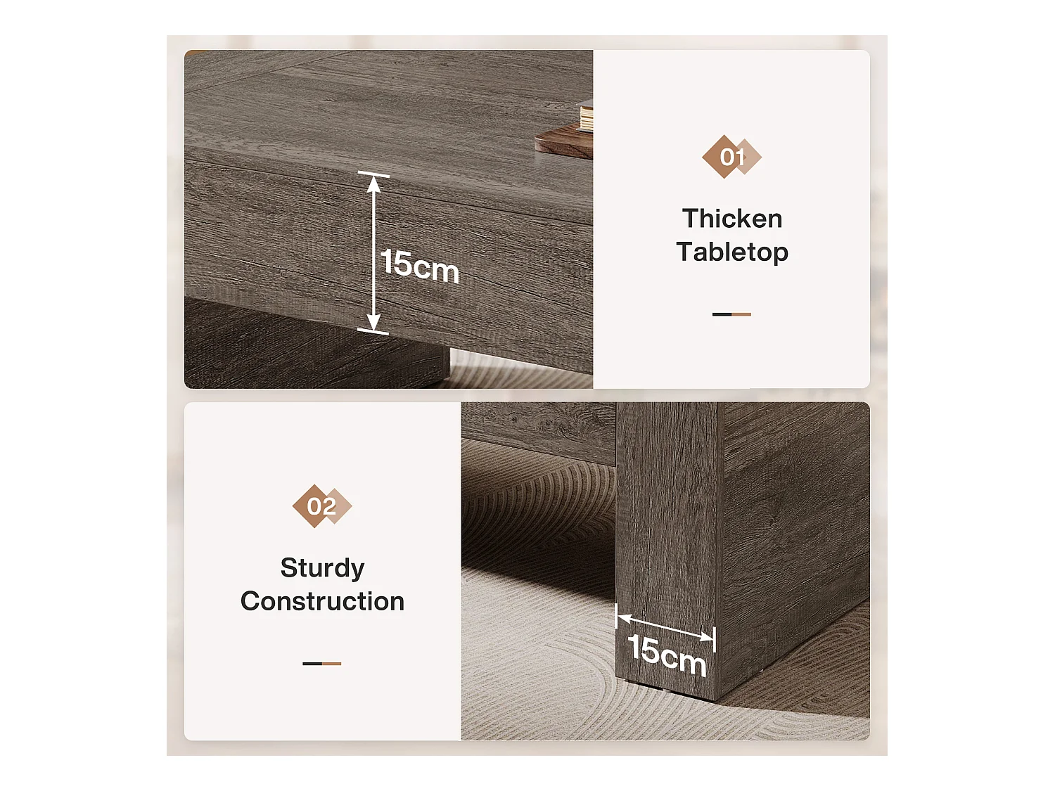 Wohnzimmer rechteckiger Couchtisch, 130 cm Landhaus-Akzent-Zentercocktail-Tee-Tisch mit stabiler Basis, rustikales Taupe