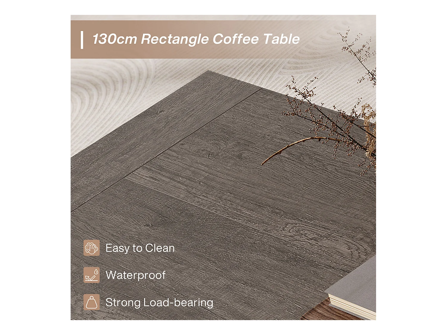 Wohnzimmer rechteckiger Couchtisch, 130 cm Landhaus-Akzent-Zentercocktail-Tee-Tisch mit stabiler Basis, rustikales Taupe