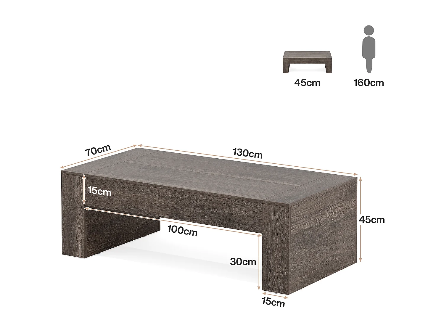 Mesa de Café Retangular para Sala de Estar, Mesa de Chá de Centro com Acento Rural de 130cm com Base resistente, Taupe Rústico