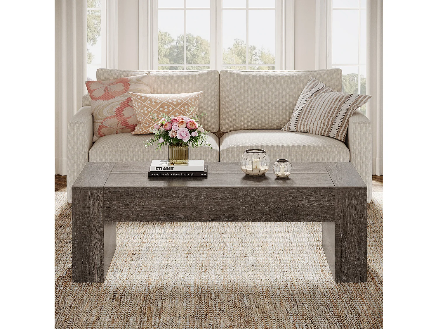 Mesa de Café Retangular para Sala de Estar, Mesa de Chá de Centro com Acento Rural de 130cm com Base resistente, Taupe Rústico