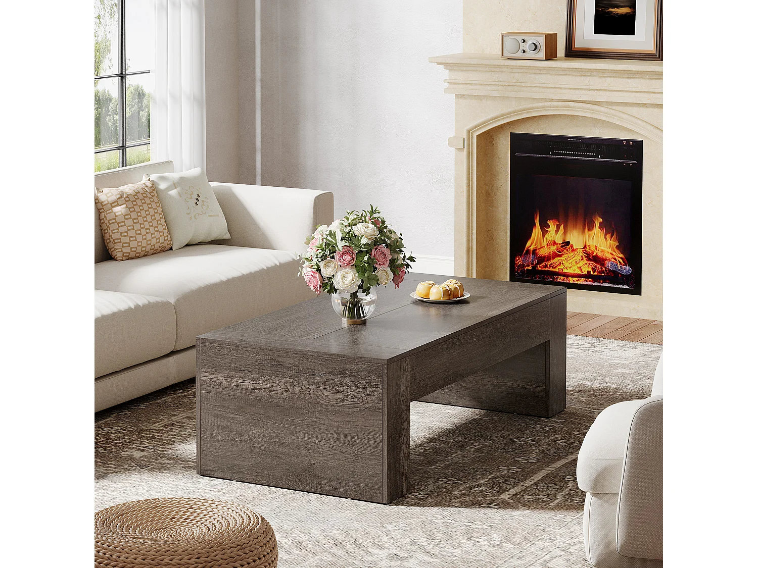 Mesa de Café Retangular para Sala de Estar, Mesa de Chá de Centro com Acento Rural de 130cm com Base resistente, Taupe Rústico