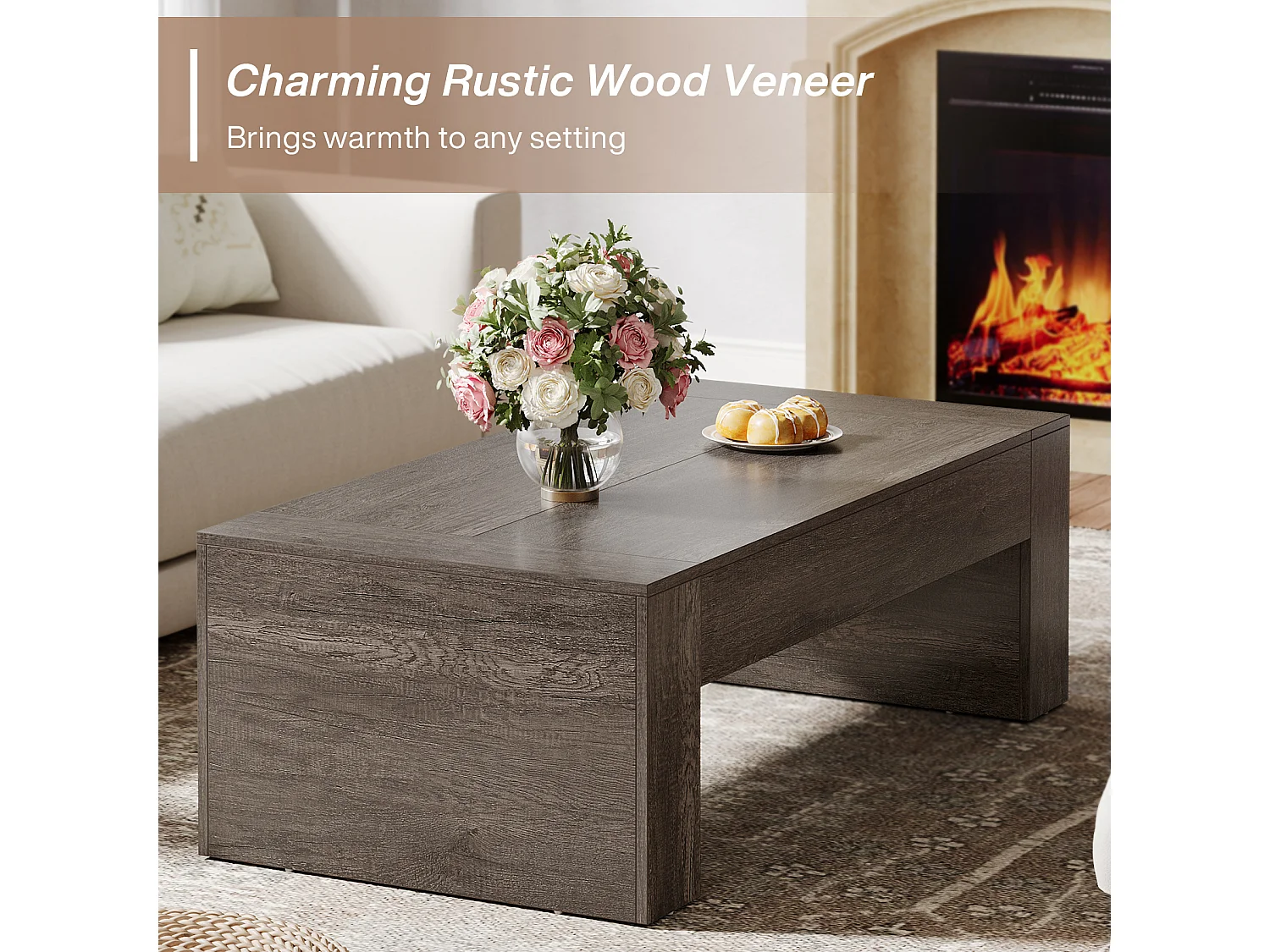 Mesa de Café Retangular para Sala de Estar, Mesa de Chá de Centro com Acento Rural de 130cm com Base resistente, Taupe Rústico