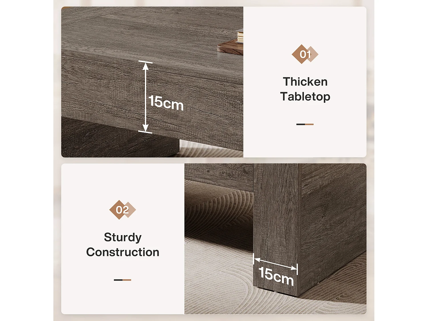 Mesa de Café Retangular para Sala de Estar, Mesa de Chá de Centro com Acento Rural de 130cm com Base resistente, Taupe Rústico