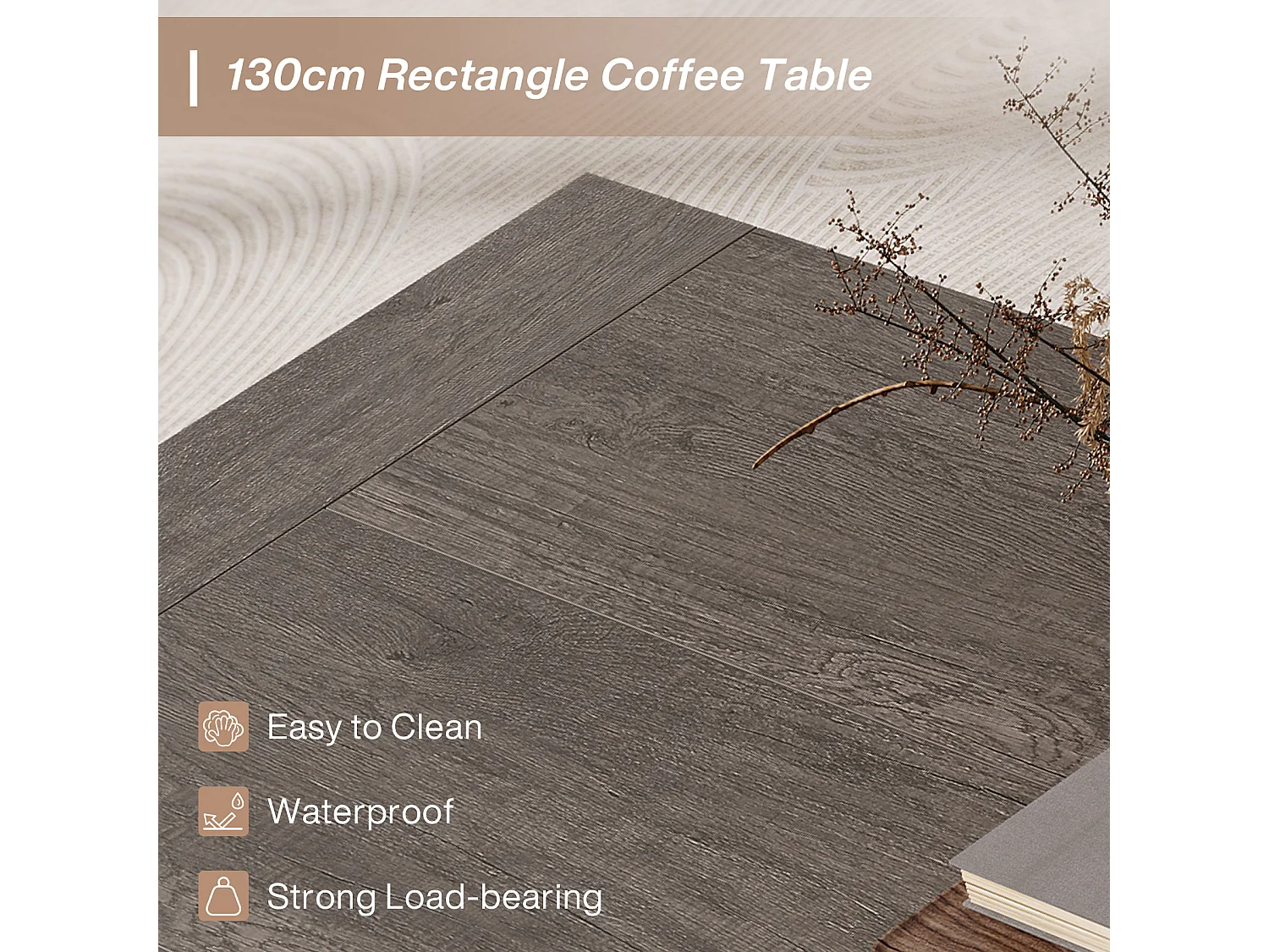 Mesa de Café Retangular para Sala de Estar, Mesa de Chá de Centro com Acento Rural de 130cm com Base resistente, Taupe Rústico