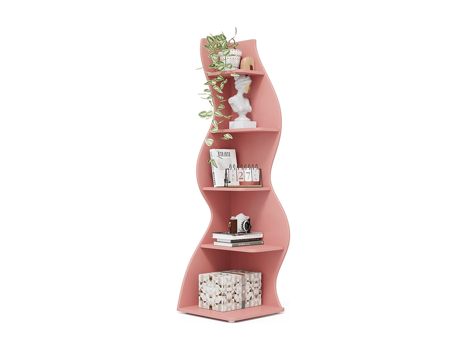 Golvende hoekplank, moderne boekenkast met 5 niveaus en gebogen vorm, unieke plantenstandaard