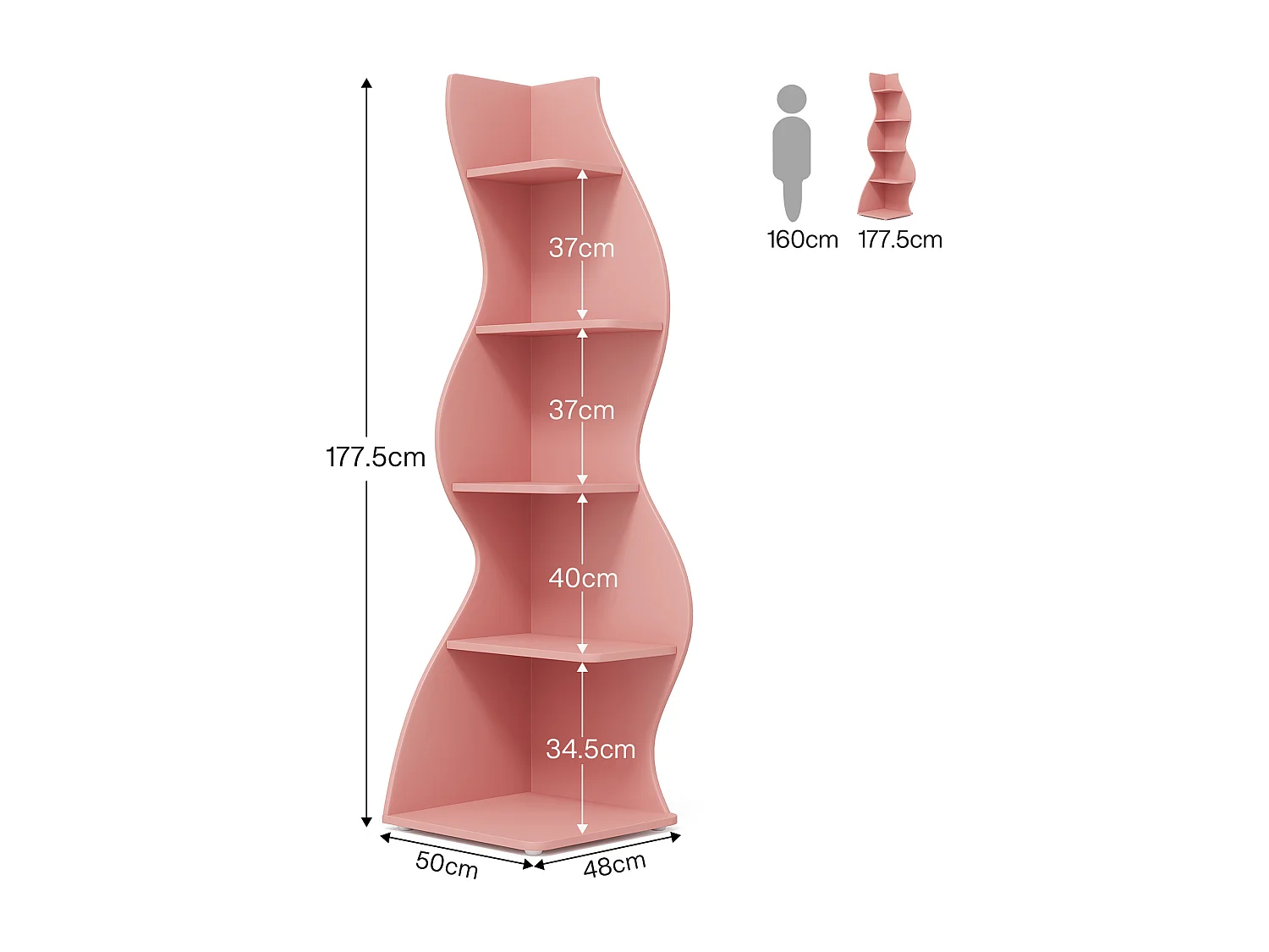 Golvende hoekplank, moderne boekenkast met 5 niveaus en gebogen vorm, unieke plantenstandaard