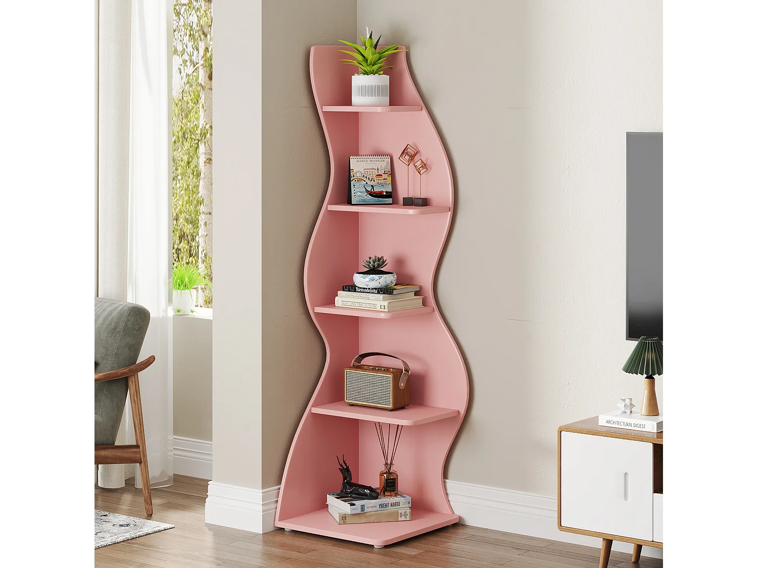 Golvende hoekplank, moderne boekenkast met 5 niveaus en gebogen vorm, unieke plantenstandaard