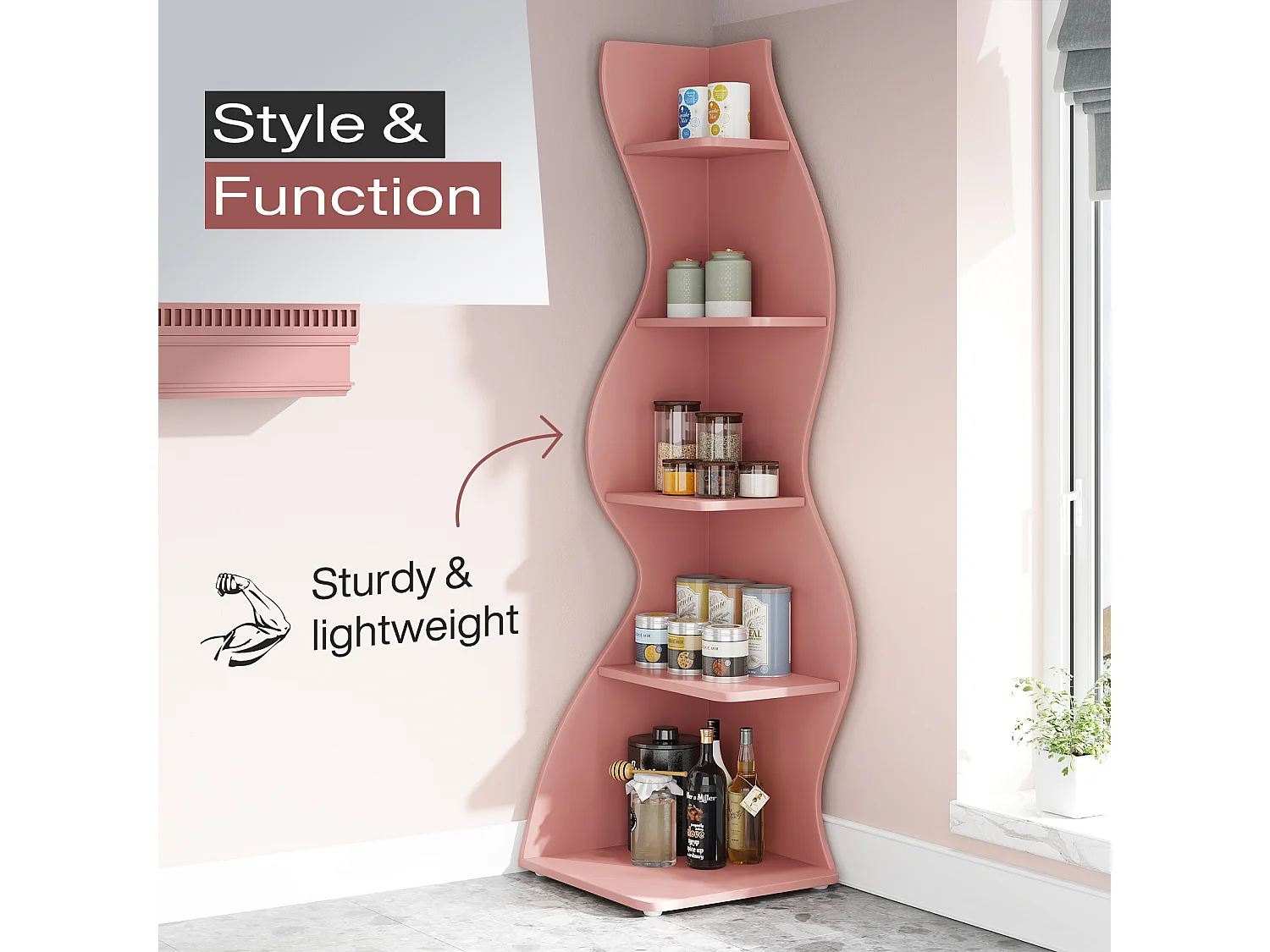 Golvende hoekplank, moderne boekenkast met 5 niveaus en gebogen vorm, unieke plantenstandaard