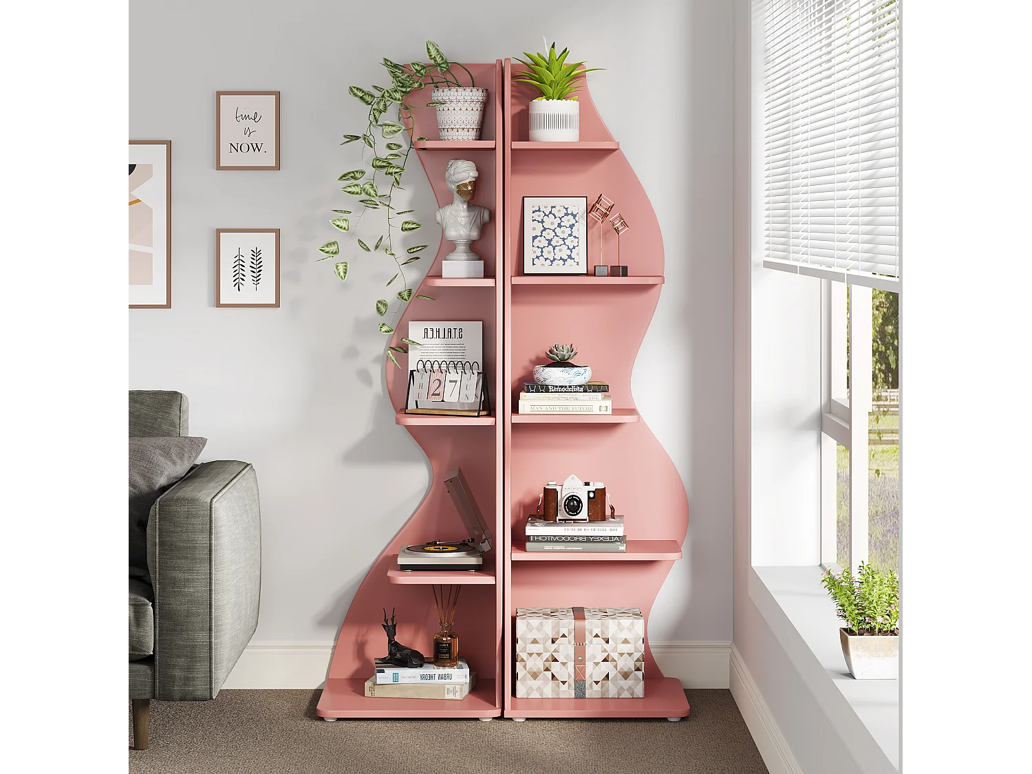 Golvende hoekplank, moderne boekenkast met 5 niveaus en gebogen vorm, unieke plantenstandaard