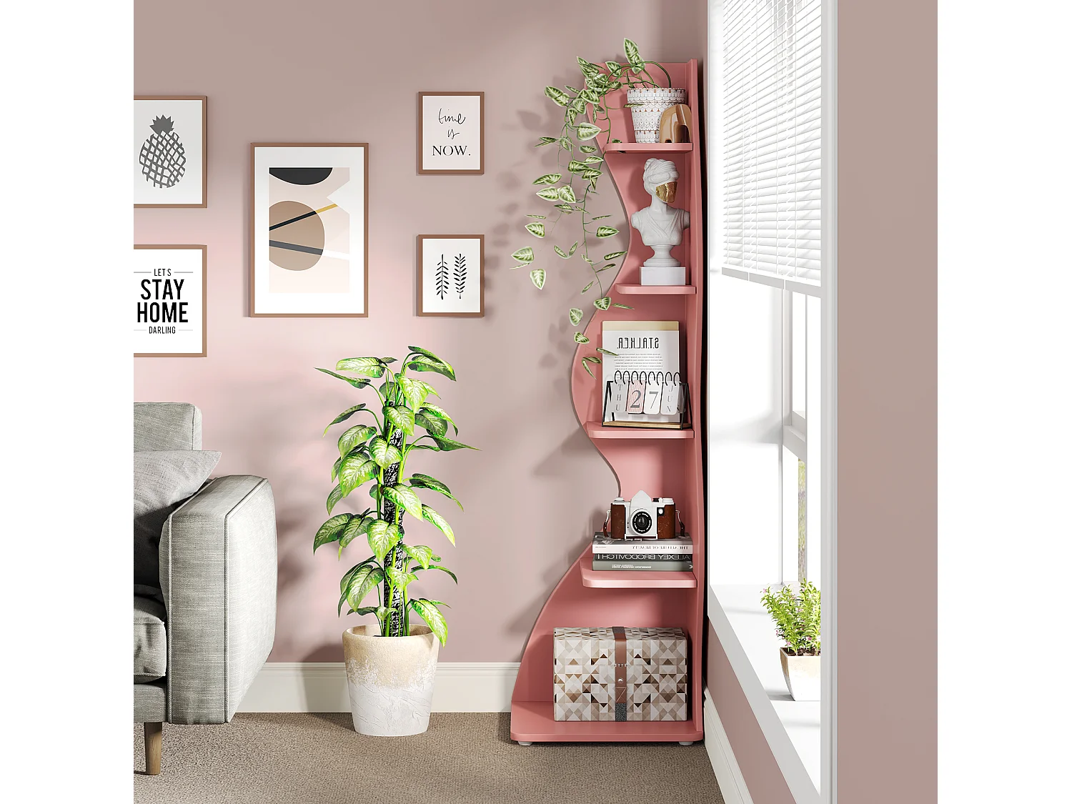 Golvende hoekplank, moderne boekenkast met 5 niveaus en gebogen vorm, unieke plantenstandaard